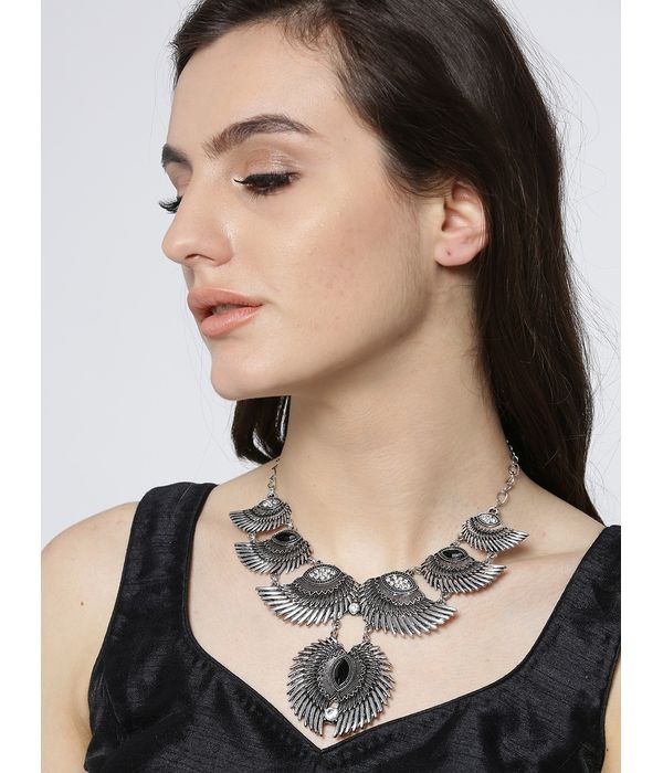 YouBella Oxidised Silver-Plated Stone-Studded Textured Necklace